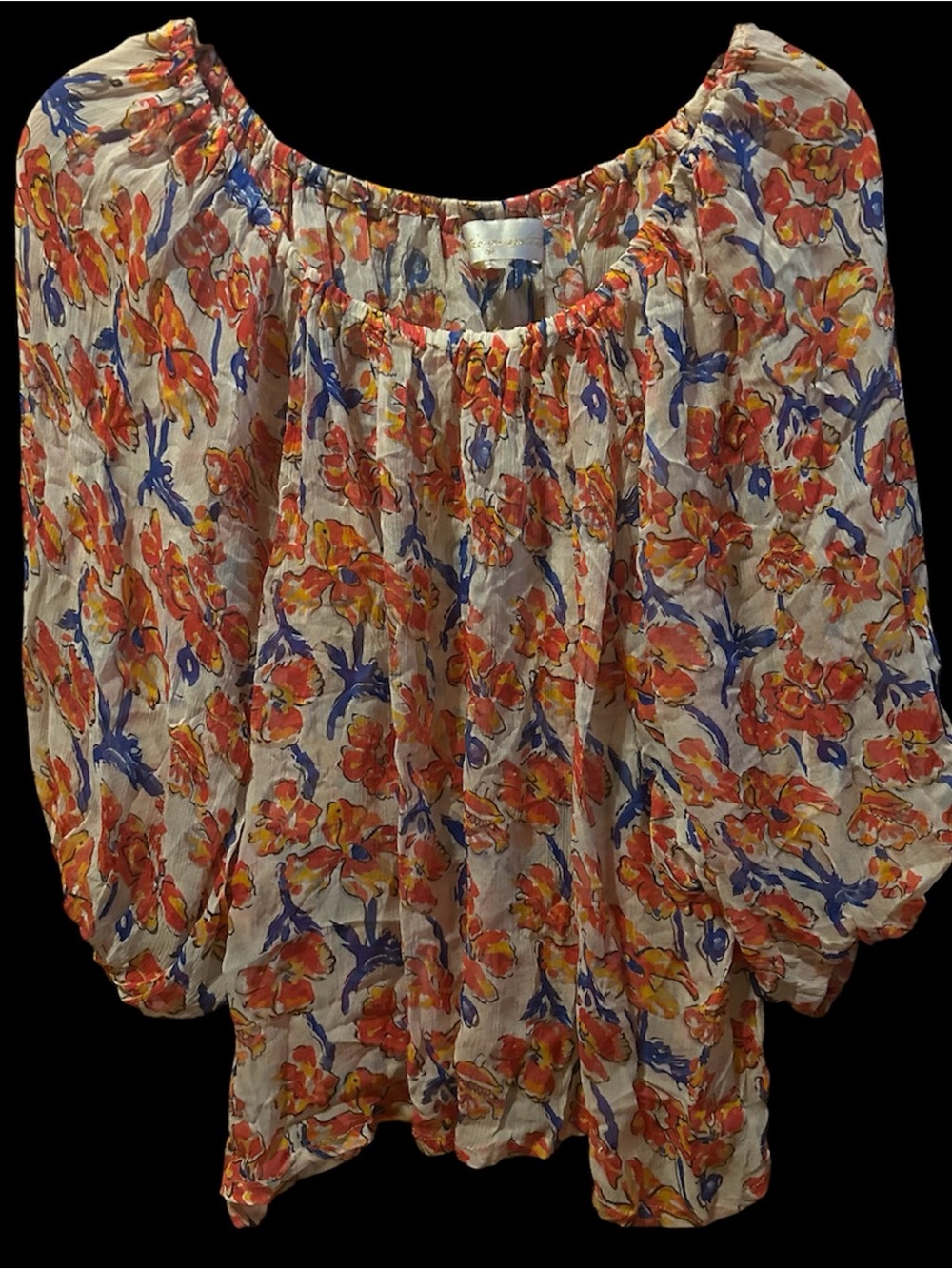 Natalie Martin Cream Floral Off-Shoulder Blouse with Orange and Blue Print